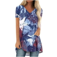 Bazyrey женски летни врвови графички печатена блуза женски V врат случајна кратка ракав Денот на независност на сончоглед плус маици со големина сива l