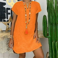 Ecqkame плус големина фустан мода жени лабава V-врат лето солиден краток ракав памук и постелнина фустан портокалова xxxxxl на дозвола